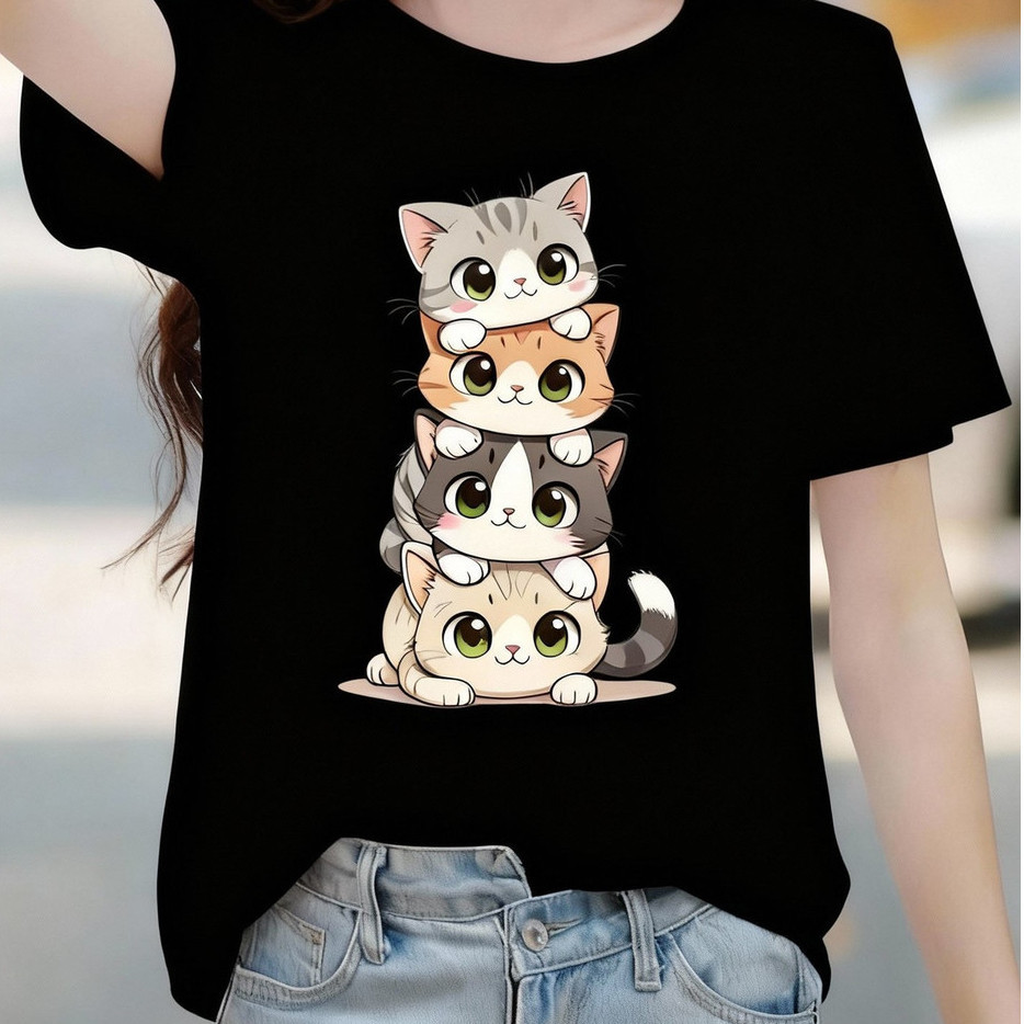 Camiseta Feminina Estampada Gatinho Algodão Premium Casual Moda Verão Dia a Dia em Oferta na Shopee