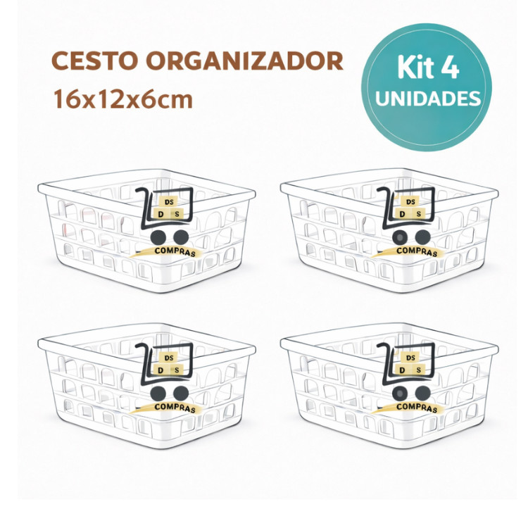 Kit 4 Cesto Organizador Multiuso Pequeno Transparente 16x12x6cm Armario Gaveta Geladeira Banheiro Cozinha Lavandeira