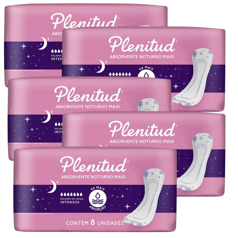 Kit 5 Absorventes Plenitud Femme Noturno - 40 Unidades em Oferta na Shopee