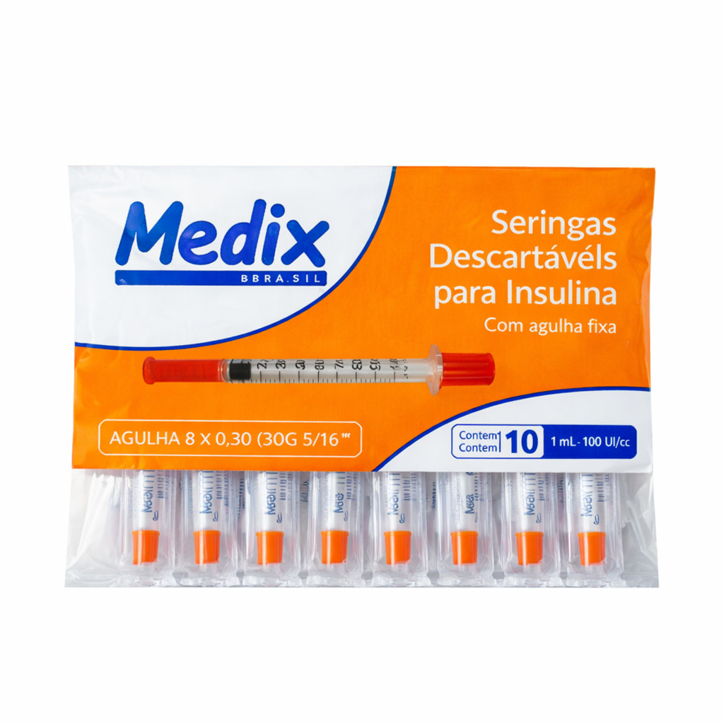 Seringa Insulina 1ml Agulha Fina 8x0,30mm 30G - Kit 10un Medix
