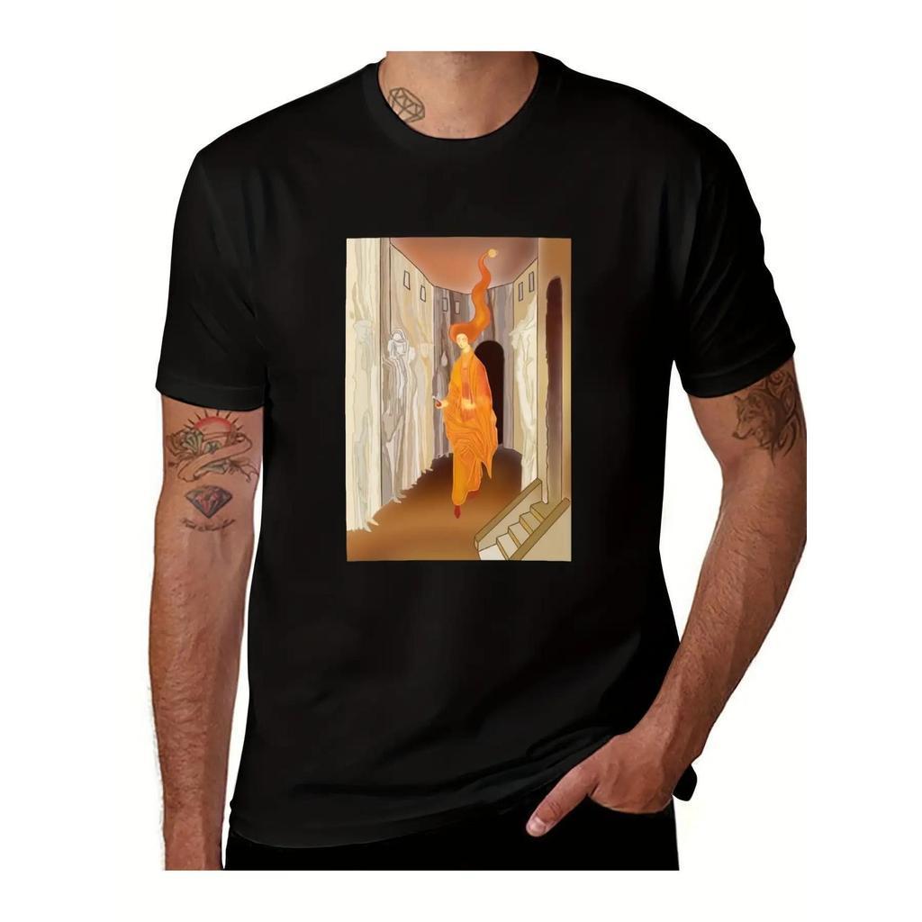 T-shirt Gráfica Call Remedios Varo para Homem - Camiseta Casual Preta de Gola Redonda com Arte Vibrante Laranja e Branca