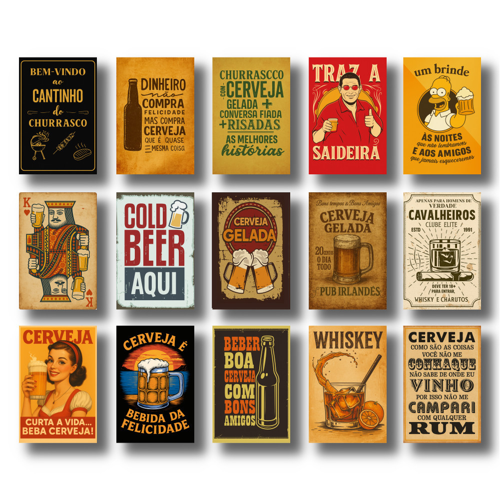 Kit 15 Quadro Placas Decorativa Vintage Bar Cerveja Churrasco