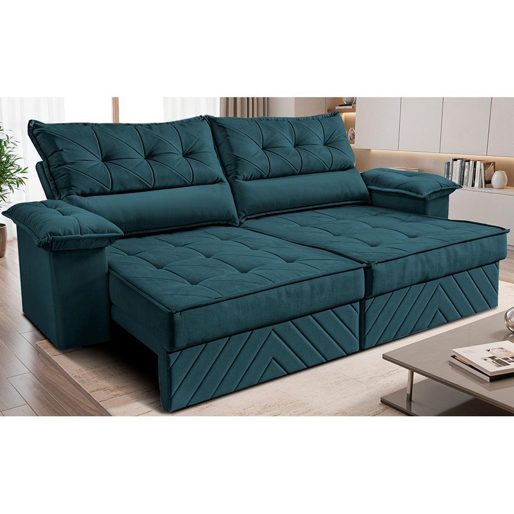 Sofá Retrátil e Reclinável 2,80m com Molas e Espuma D33 Thunder Velusoft Petróleo Cama inBox