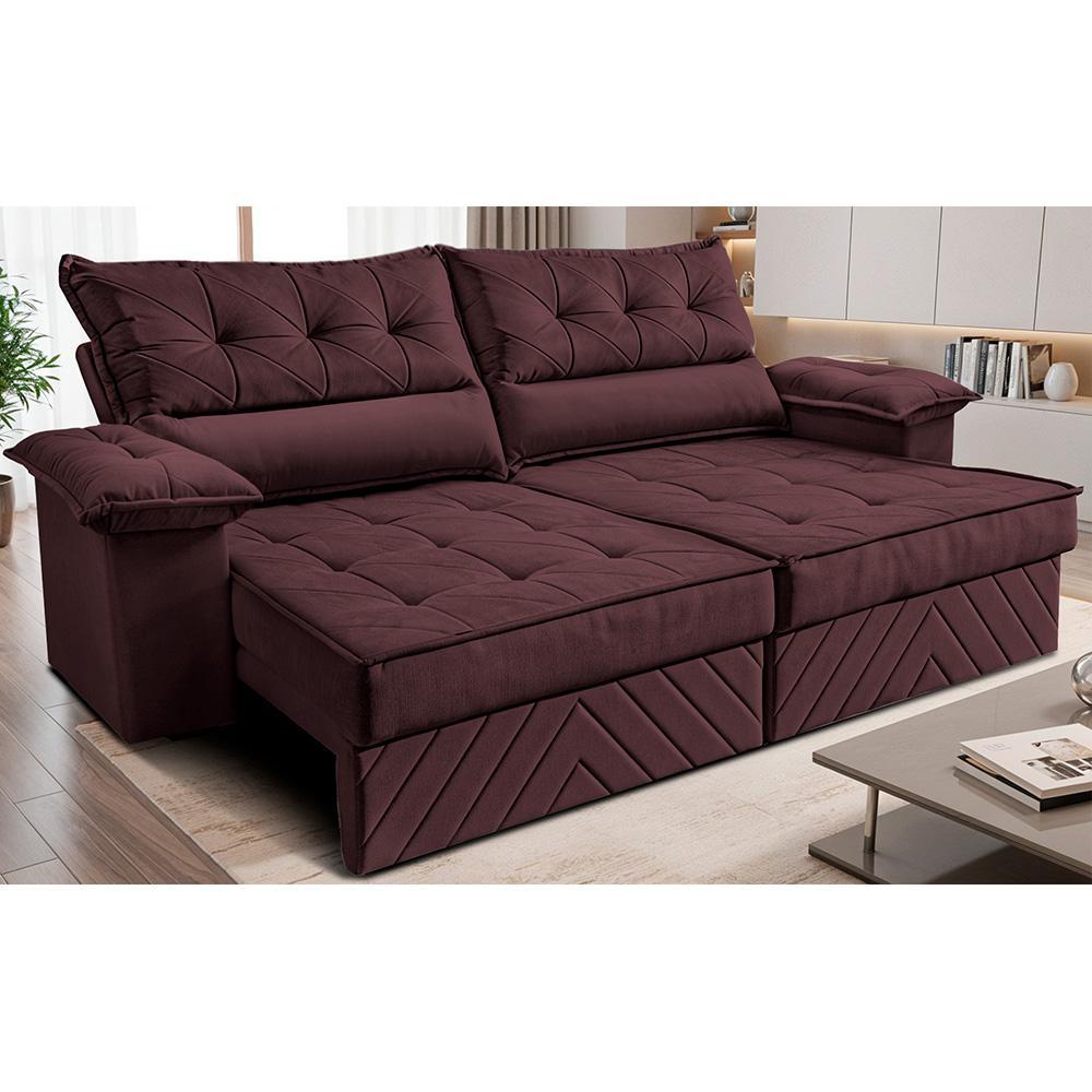 Sofá Retrátil e Reclinável 2,80m com Molas e Espuma D33 Thunder Velusoft Vinho Cama inBox
