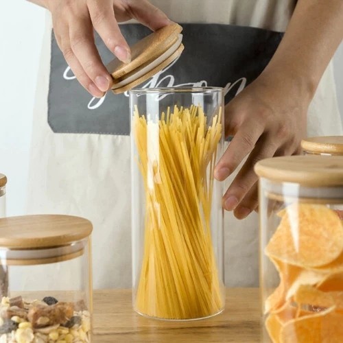 Pote Vidro Recipiente Madeira Alimentos Biscoitos Arroz Feijão Tampa Bambu Vasilha Armazena