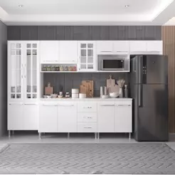 Cozinha Modulada Completa Fidelitá Viena 6 Peças 330cm 15 Portas 3 Gavetas Com Tampo Branco