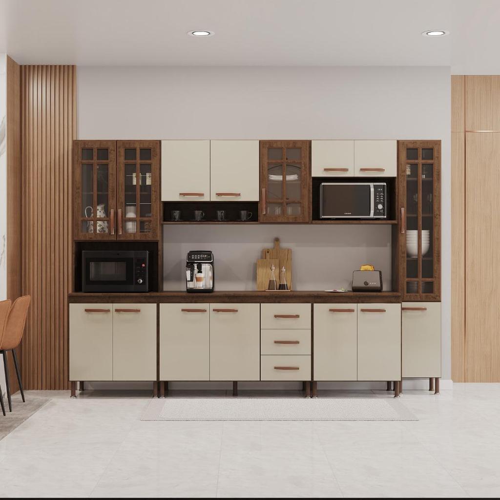Cozinha Modulada Completa Fidelitá Lisboa 6 Peças 295cm 15 Portas 3 Gavetas Com Tampo Noce/Off-White em Oferta na Shopee