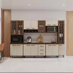 Cozinha Modulada Completa Fidelitá Lisboa 6 Peças 295cm 15 Portas 3 Gavetas Com Tampo Noce/Off-White