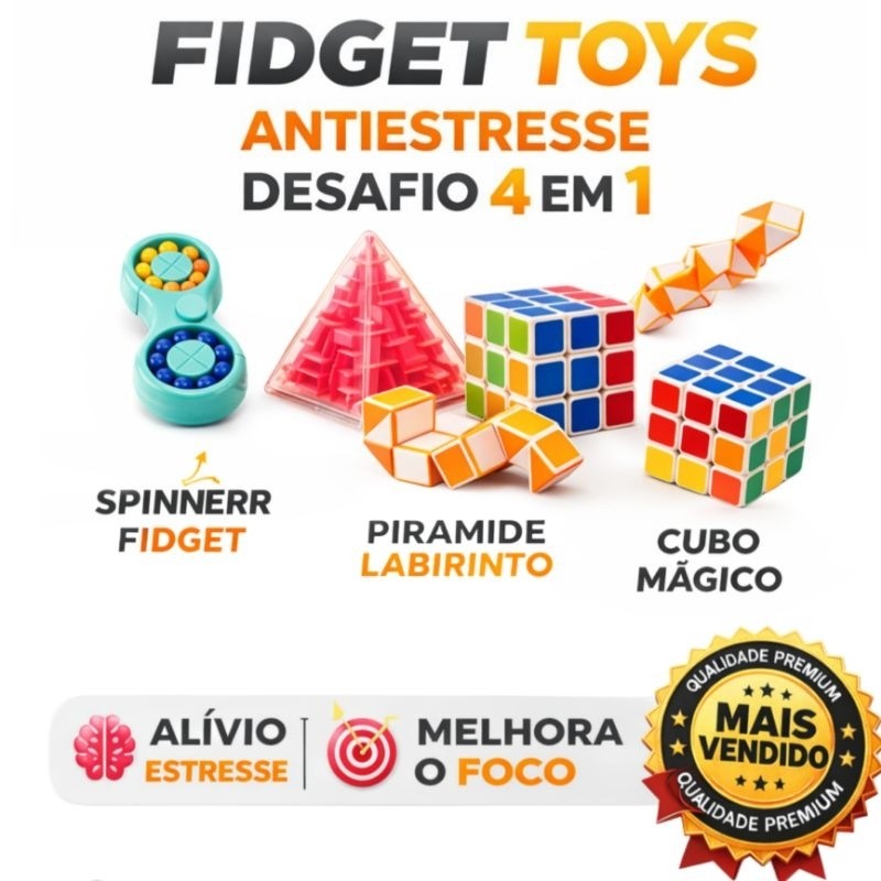 Kit Fidget Toys Antiestresse 4 Em 1 Desafio Mental Cubo Mágico Pirâmide Sensorial
