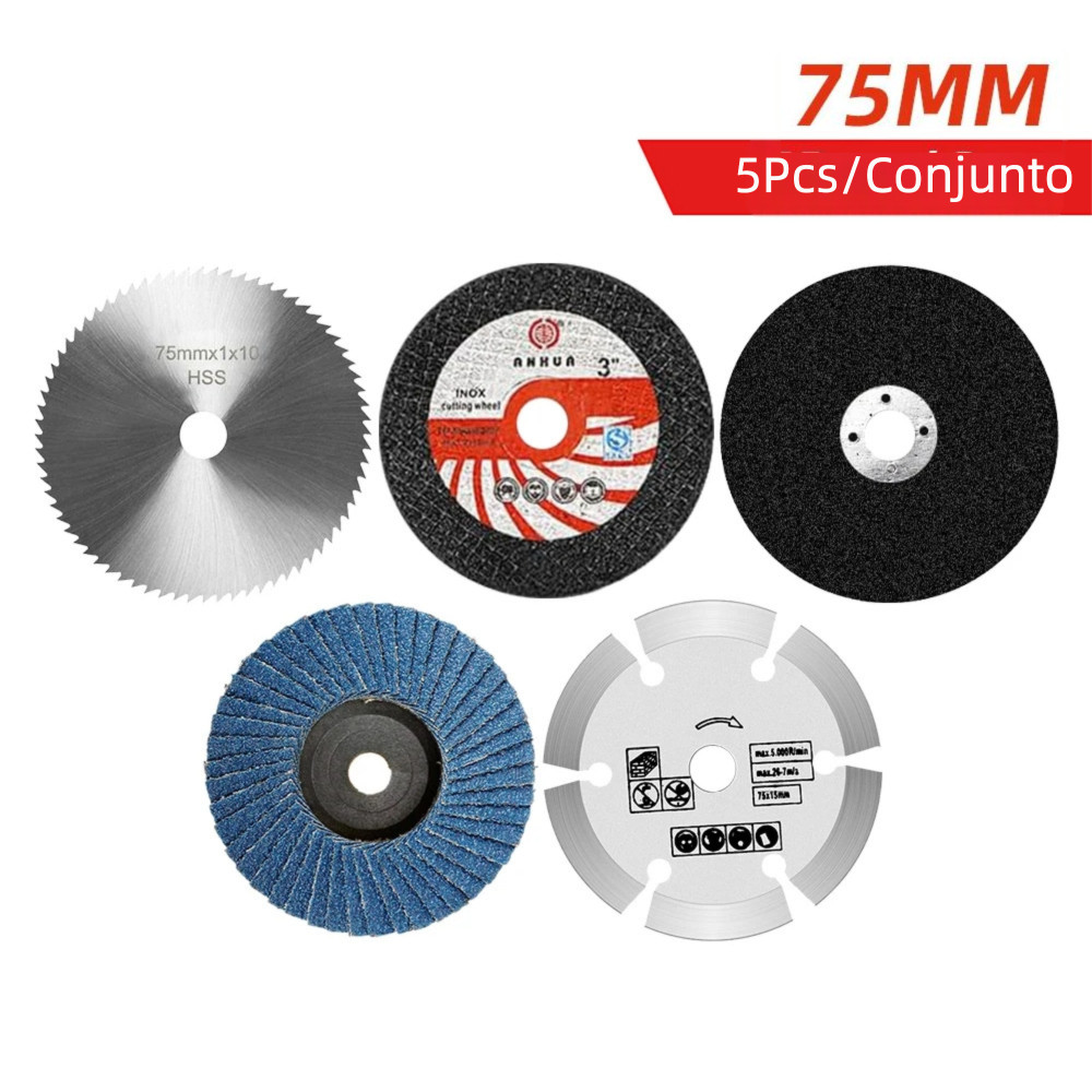 5 Discos Corte 75mm com Furo 10mm para Esmerilhadeira Angular – Serra Circular Metal e Rebolo Plano