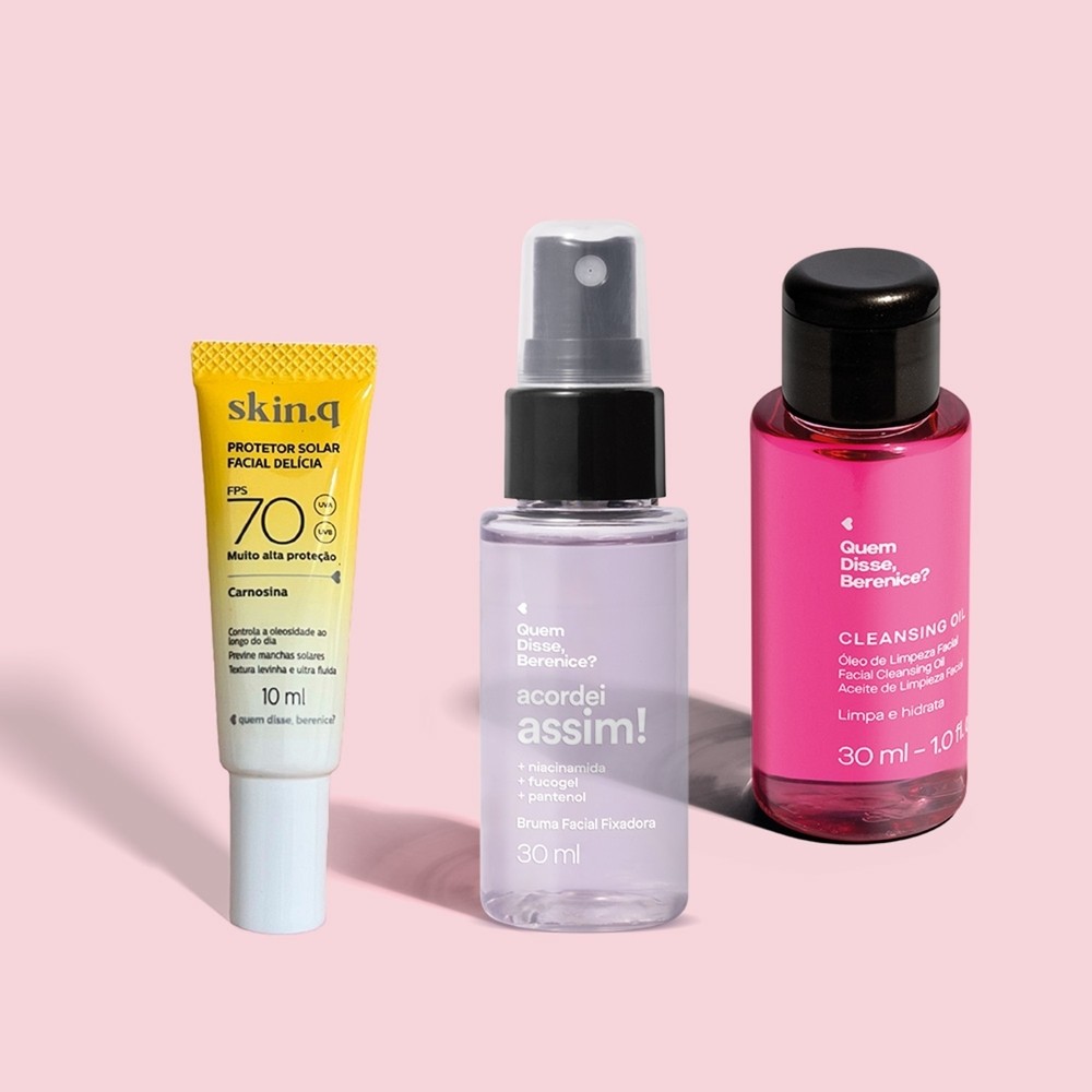 Combo Mini Skincare: Protetor Solar Facial FPS 70 10ml  + Bruma Facial Fixadora 30ml + Óleo de Limpeza Facial 30ml