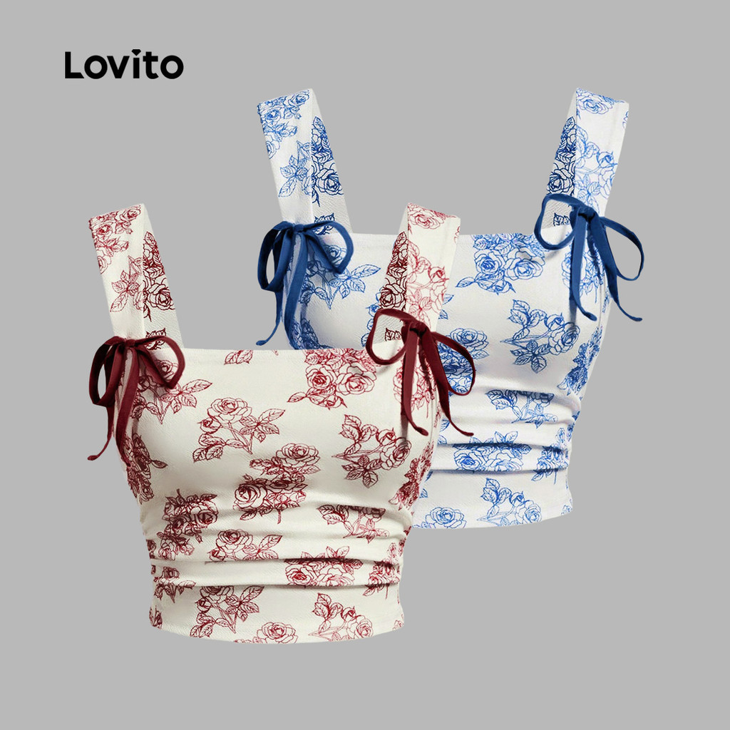 Lovito Regata Elegante Com Laço Floral Frontal Franzida Regata De Verão Para Mulheres L105MD049 em Oferta na Shopee