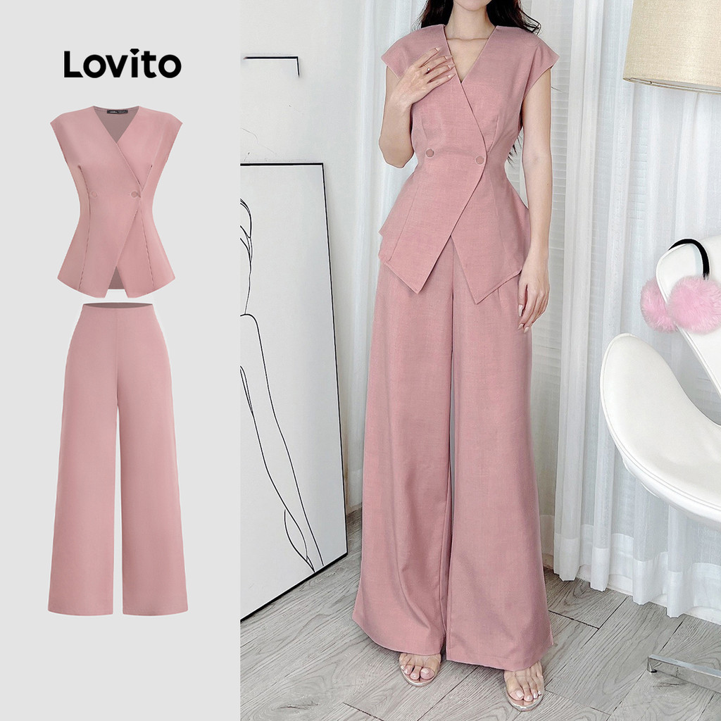 Lovito   Elegantes Tops ou Bottoms Botão Clássico e versátil para Primavera/Verão Calças rosa para mulheres L172ED817 em Oferta na Shopee