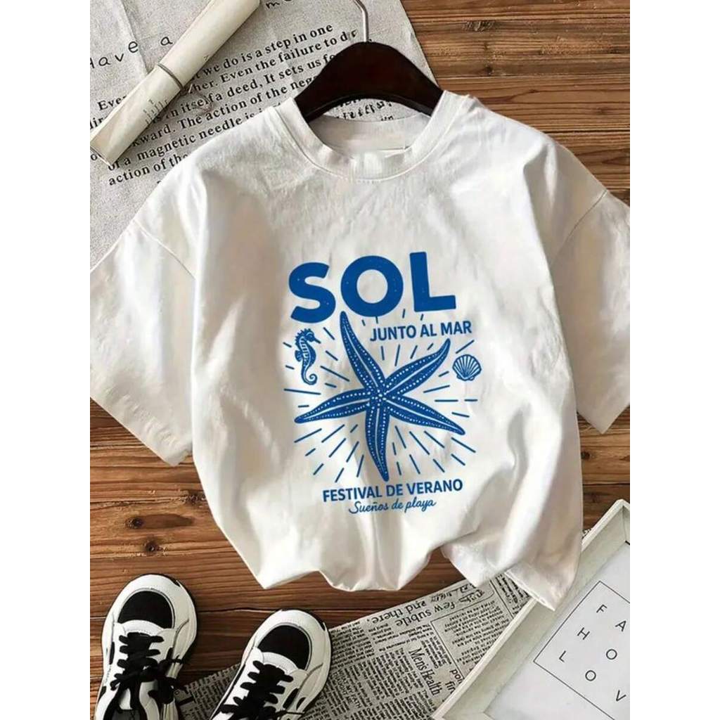 Camiseta feminina verão sol mar estrela confortável tecido fresco leve 100% algodão gola redonda manga curta