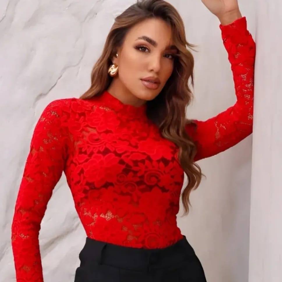 Body De Renda Feminino Transparente Manga Longa Floral Sexy Elegante Balada lançamento new Tendência