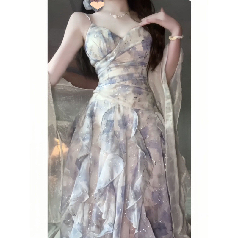 Vestido estilingue feminino 2025 puro desejo estilo beira-mar férias praia vestido babados pequeno bolo vestido Chiffon 