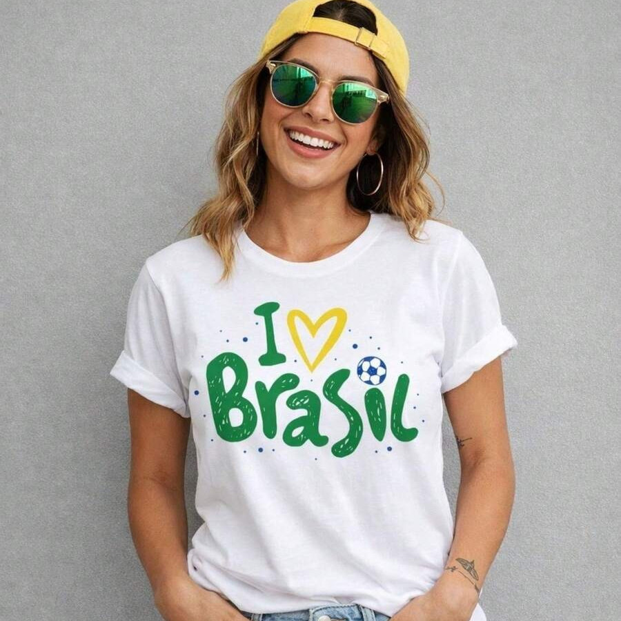 Camiseta Blusa Copa do Mundo Feminina Brasil I LOVE BRASIL Seleção Brasileira 100% Algodão Fio 30.1