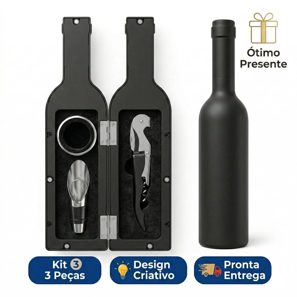 Kit Para Vinho 3 Peças Em Formato De Garrafa - Saca-rolhas, Dosador, Anel Corta Gotas-
