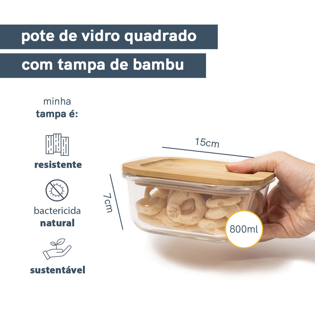 Pote 800ml de Vidro com Tampa de Bambu Quadrado Raso - Oikos 800ml — imagem 2 de 2