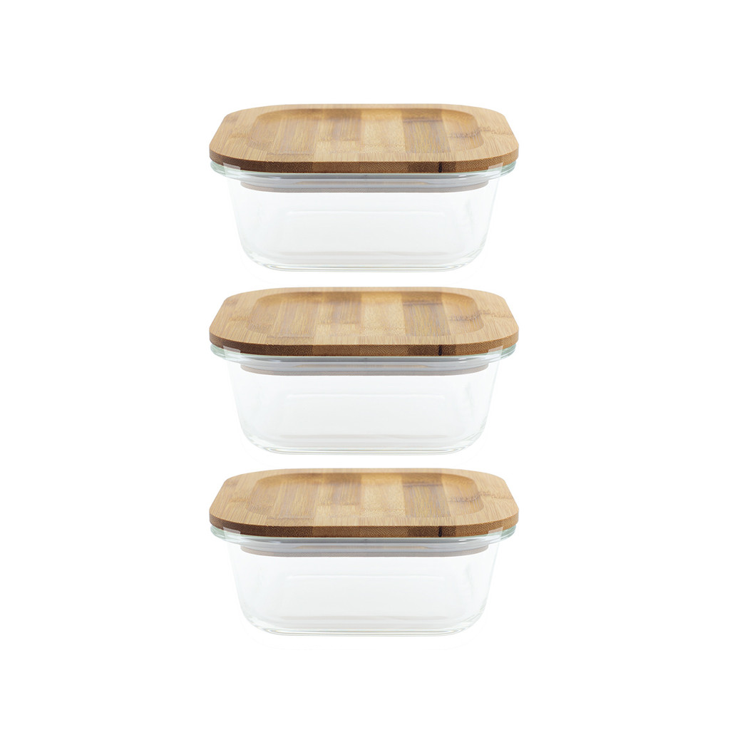 Conjunto de 3 Potes Herméticos de 800 Ml com Tampa de Bambu Oikos