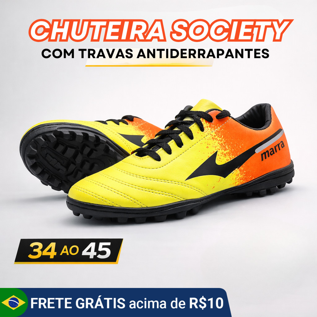Chuteira Masculina Society Amarela Adulto Costurada – Leve e Resistente 34 ao 45 PROMOÇÃO