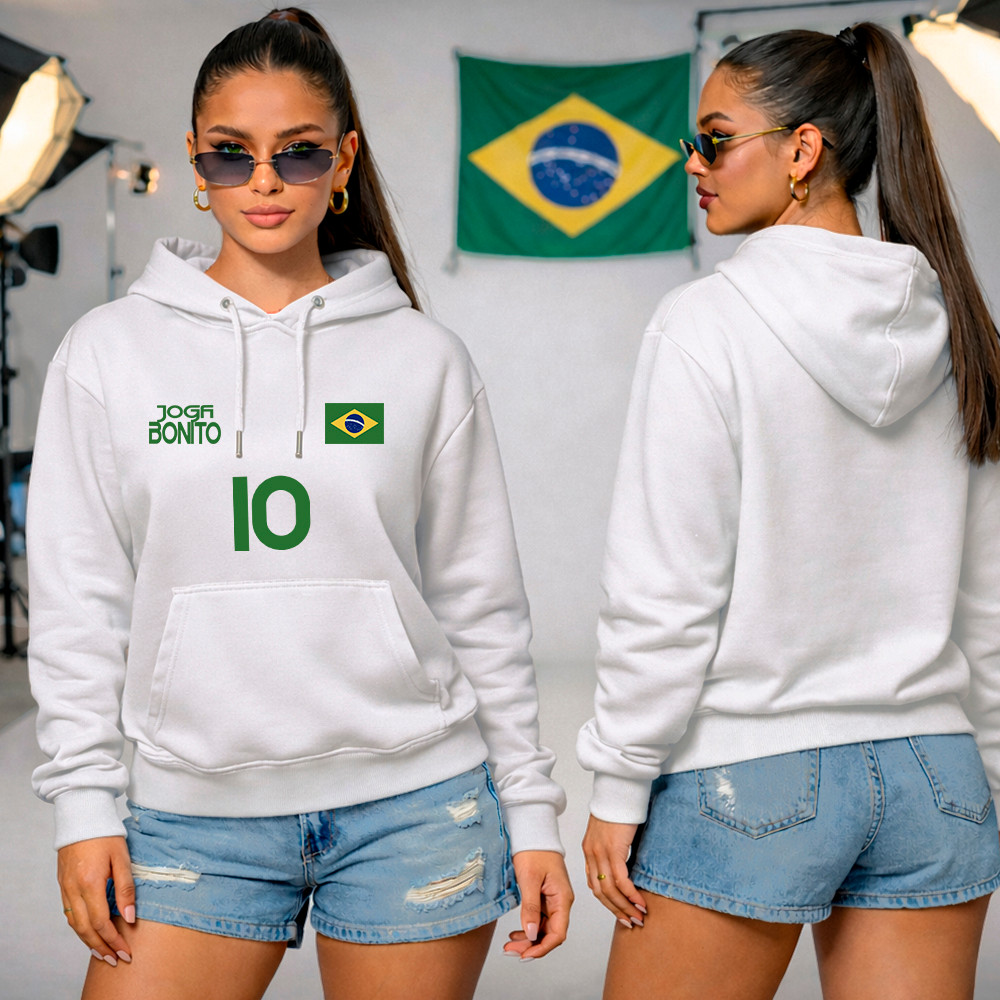 Moletom Canguru Feminino Brasil Copa Do Mundo Futebol Look Casual Blusa De Frio Com Capuz Algodão