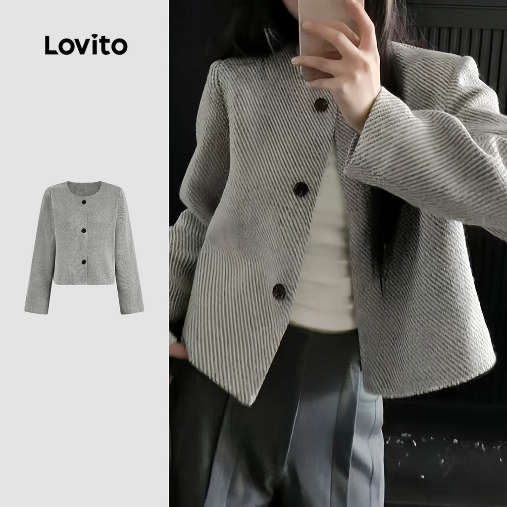 Lovito Jaqueta Elegante Clássica E Versátil Com Botões Na Cor Cinza Outono/inverno Perfeita Para Mulheres L156AD007 em Oferta na Shopee