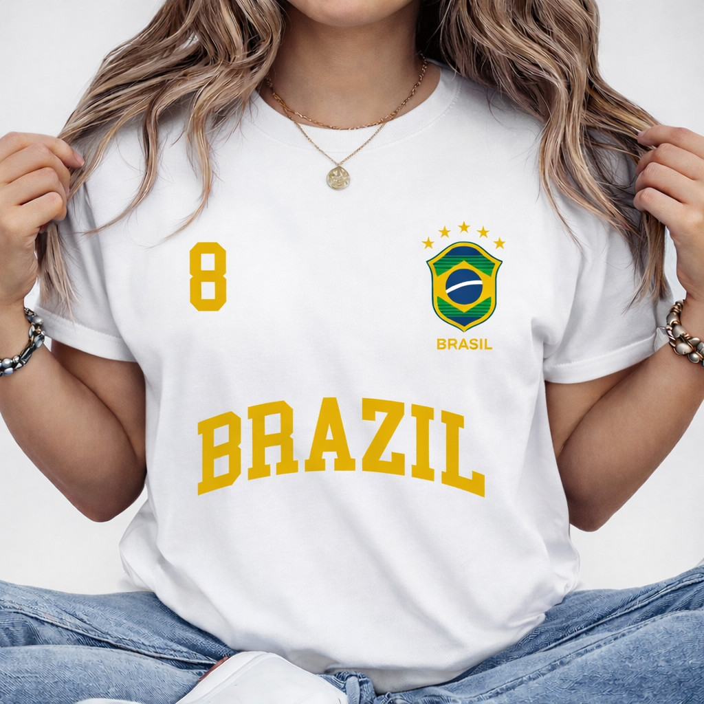 Camiseta Brasil Feminina Estilo Retrô Número 8 Camisa Copa do Mundo Moda Casual Streetwear