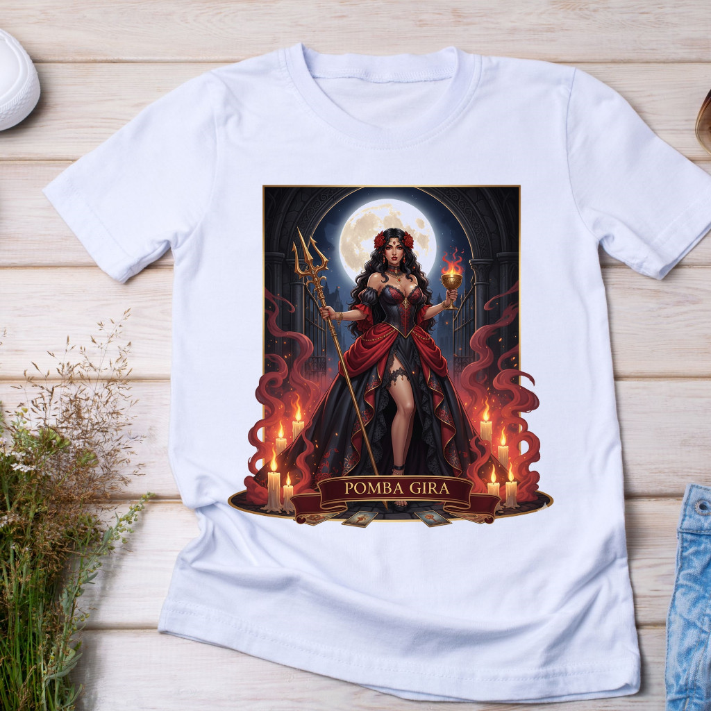 [Camiseta Premium em Algodão Puro]CC Camiseta Pomba Gira Laroyê - Camisa Religiosa Umbanda Candomblé Branca