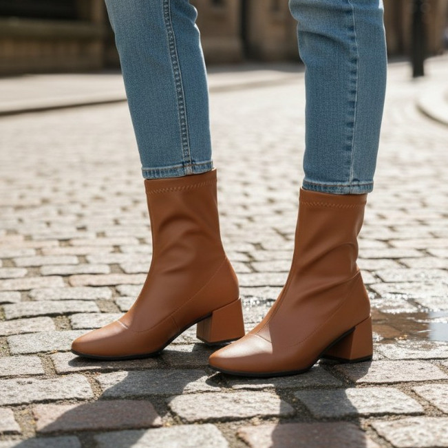 Bota Feminina Salto Bloco Cano Curto Bico Fino Ankle Boots Estilosa Sintético