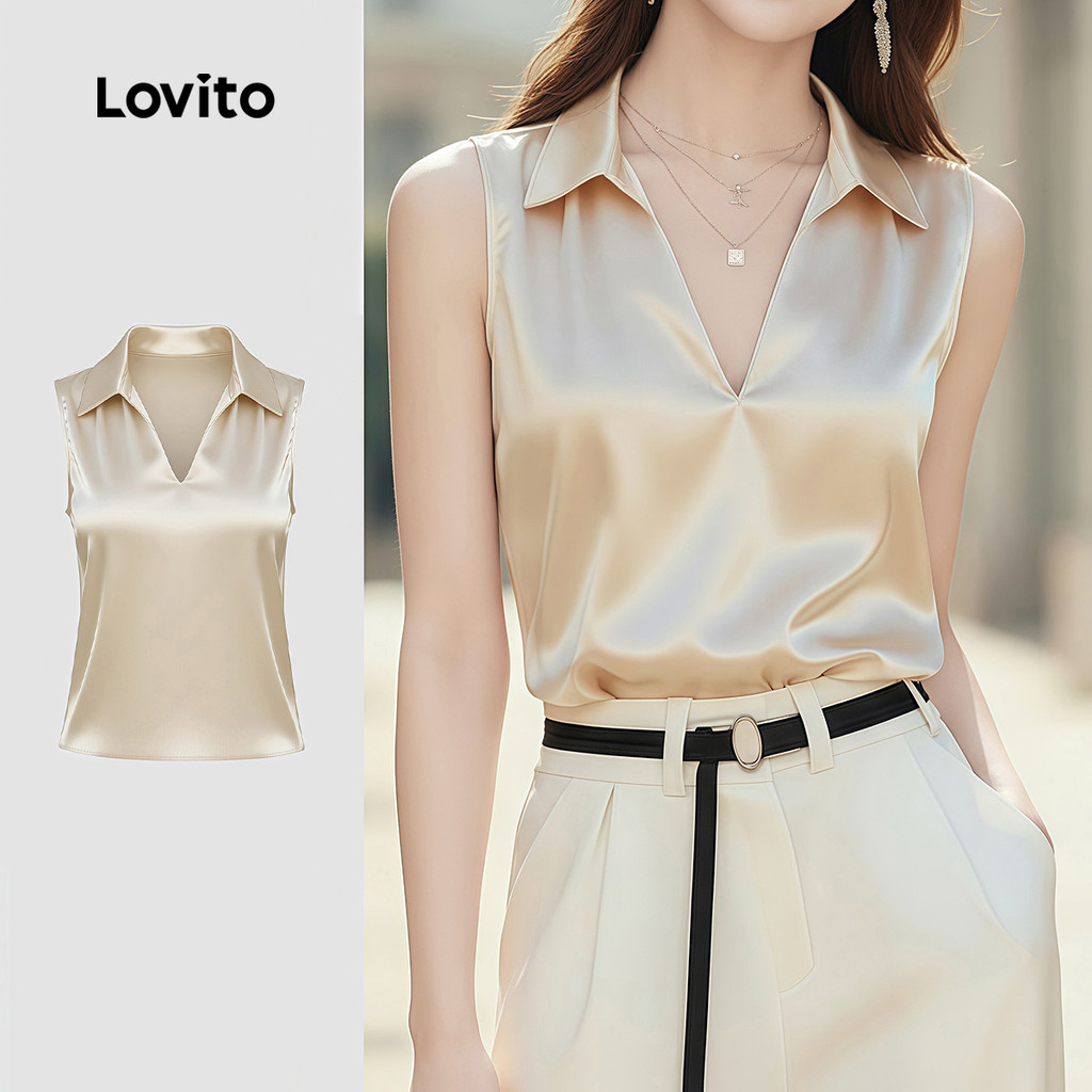 (Elegante) Lovito Top para O Trajeto Top Champagne Refinado para a Primavera/verão feminino LK4ED893