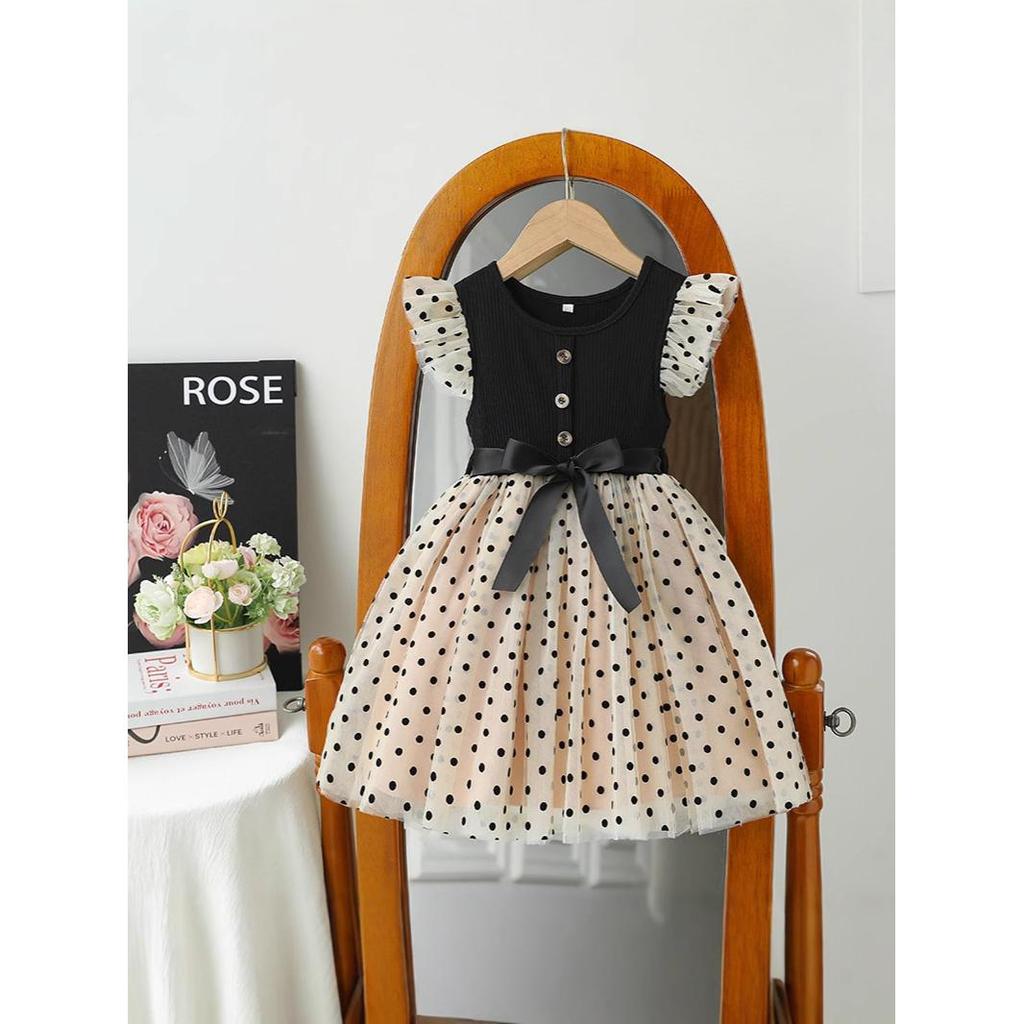 Saia infantil bolo saia vestido manga voadora meninas verão Pettiskirt saia infantil voando bolinhas gaze vestido de pri