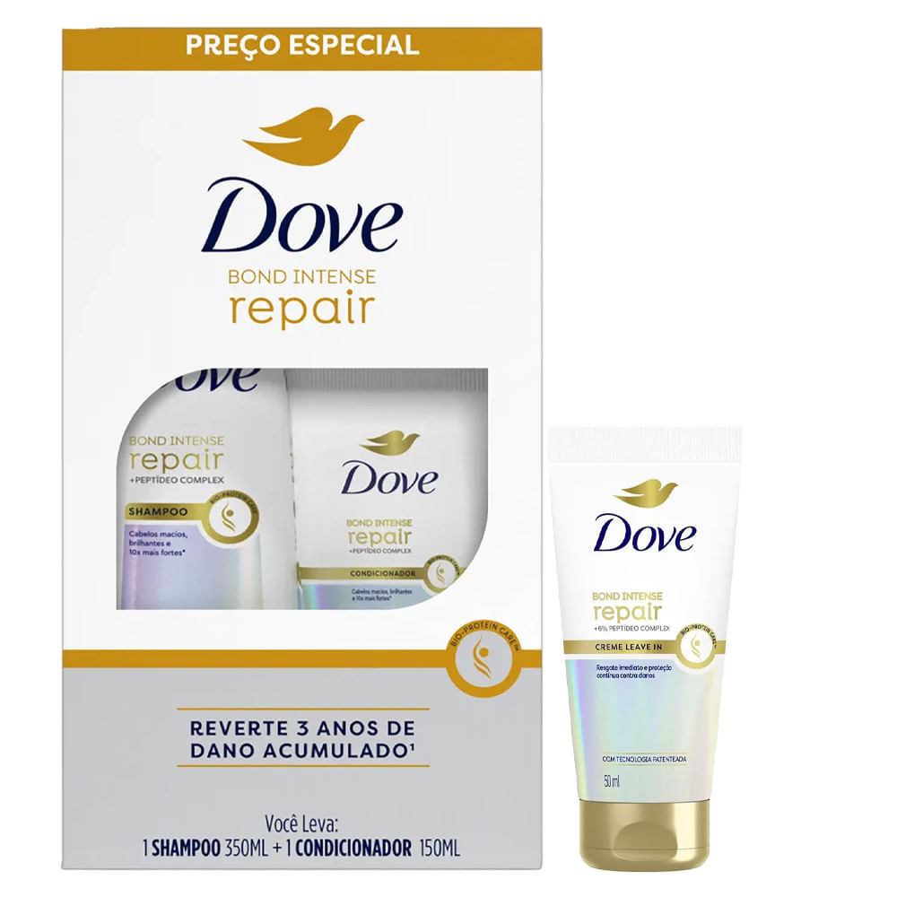 Kit Dove Bond Intense Repair Shampoo 350ml + Condicionador 150ml + Leave In Bond Intense Repair 50ml em Oferta na Shopee