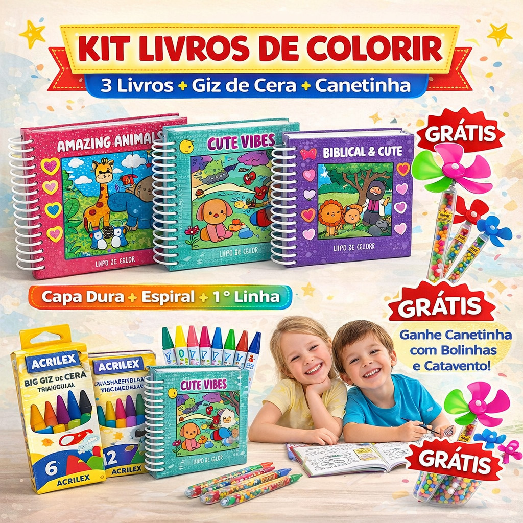 Kit Livro de Colorir Infantil 3 Livros Capa Dura Giz de Cera + Canetinha Educativo Criativo Crianças