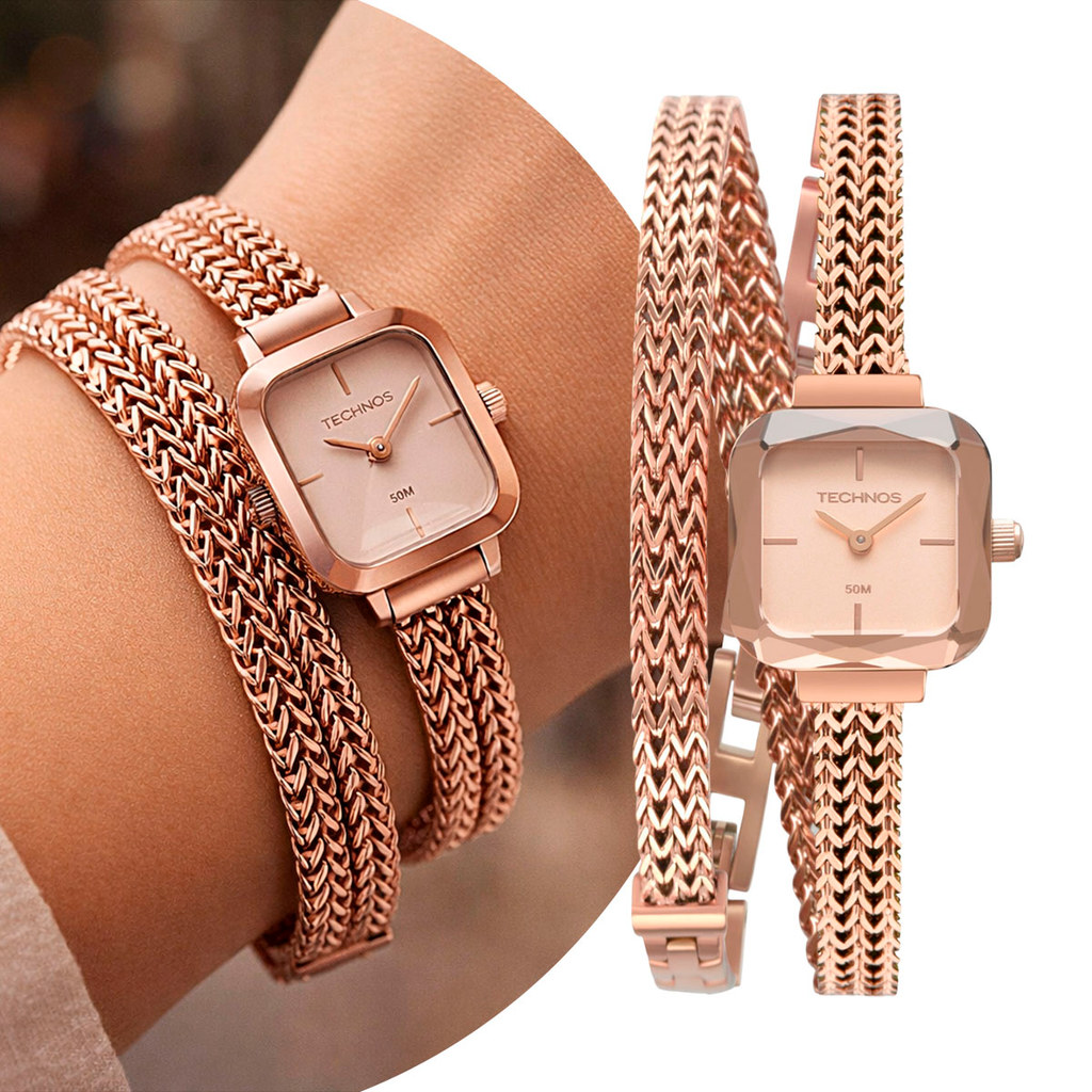 Relógio Pulseira Feminino Analógico de Pulso em Aço Inoxidável Rosé à Prova D Água Mini Pequeno Quadrado Technos