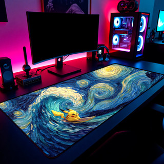 Mouse Pad Gamer Pikachu Pokemon Van Gogh Noite Estrelada 65x30cm 80x40cm 90x50cm 120x60cm Borda Costurada