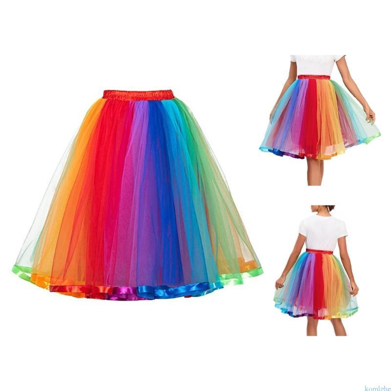 Saias Femininas Coloridas Tule, Cintura Elástica, Saia Plissada, Carnavais Tutus Arco-Íris Camada