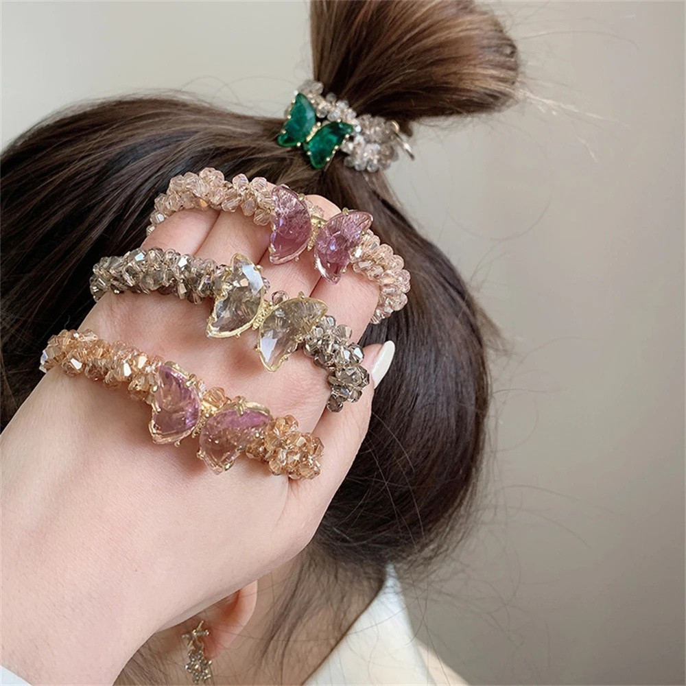 Tiara de Borboleta com Strass de Luxo, Pulseira Elástica de Cristal, Anel e Acessório de Cabelo para Rabo de Cavalo Femi