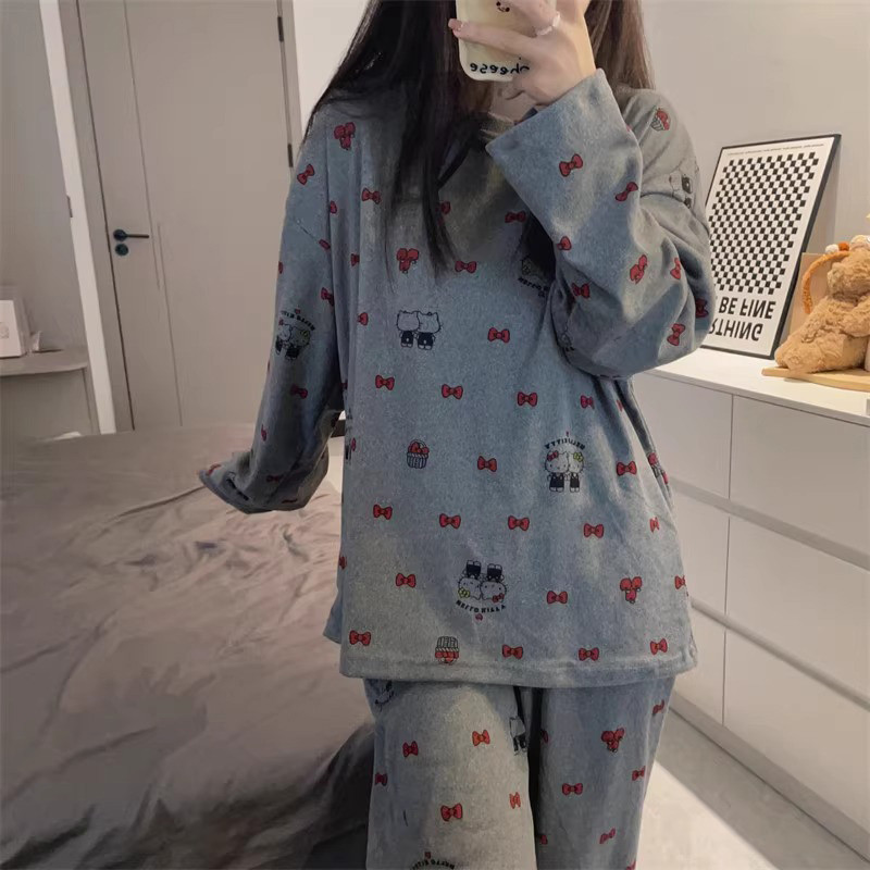 Imagem Senhoras imitação de algodão calças de manga comprida pijamas conjunto primavera outono solto confortável Loungewear con