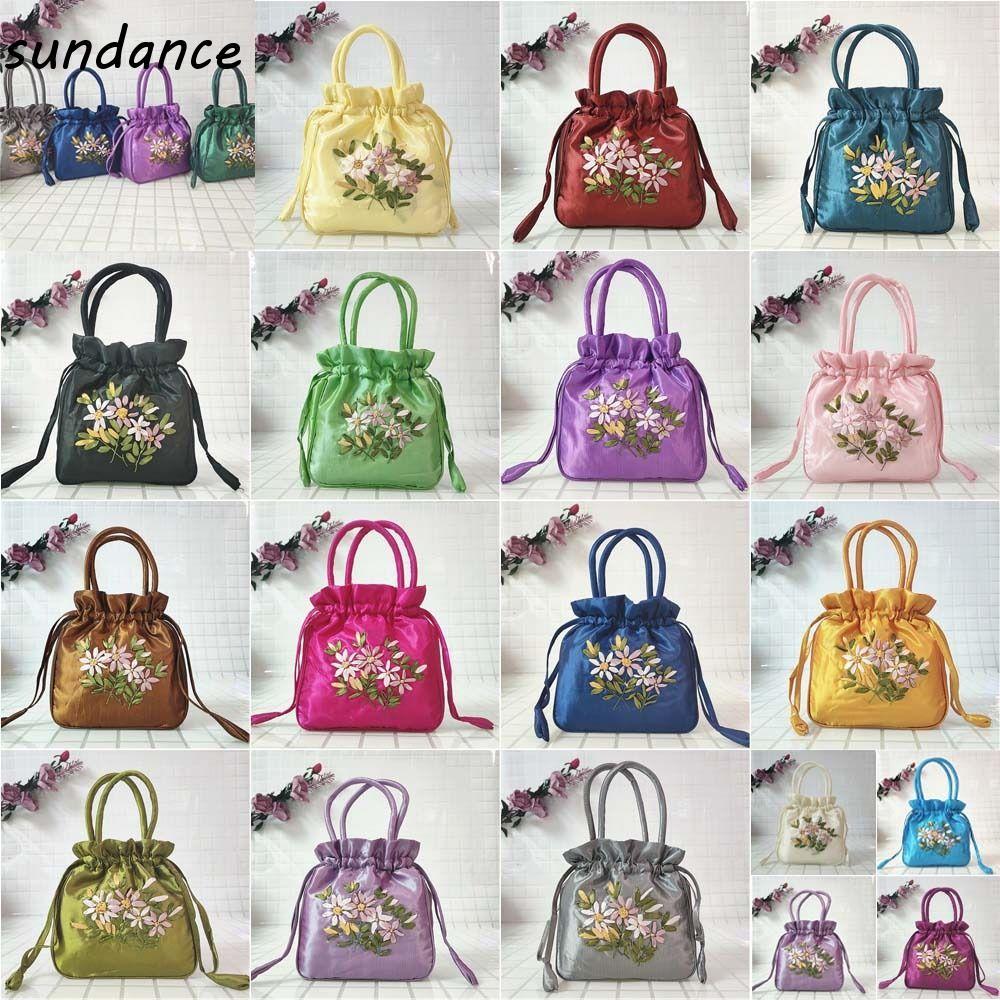 SUNDANCE Hanfu Cordão Saco , Cetim Seda Mamãe Bordado Flor Bolsa , Folha Coreana Pequena Carteira