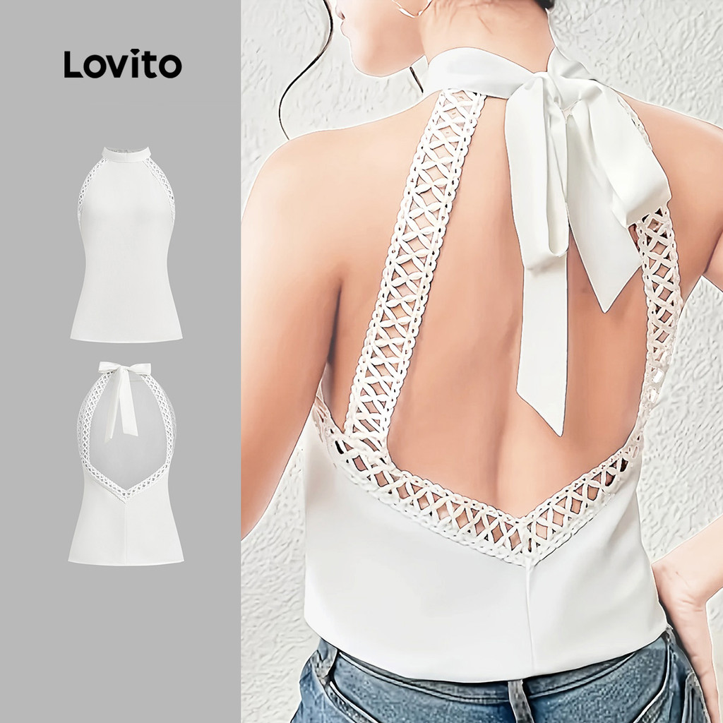 Lovito  Topo Casual com Babado No Pescoço e Costura em Tecido para Primavera/verão Off-white para Mulheres L178ED1242 em Oferta na Shopee