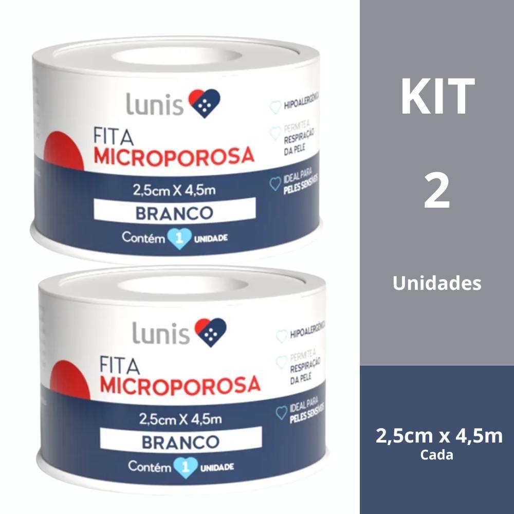 Kit 2 Fita Microporosa Branca Lunis Hipoalergênica Pele Sensível Curativo 2,5cm X 4,5m