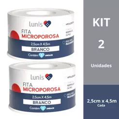 Kit 2 Fita Microporosa Branca Lunis Hipoalergênica Pele Sensível Curativo 2,5cm X 4,5m