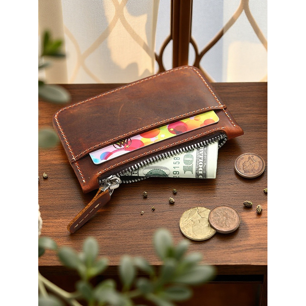 Retro Crazy Horse primeira camada de couro curto pequena moeda bolsa masculina couro genuíno zíper carteira multifuncion