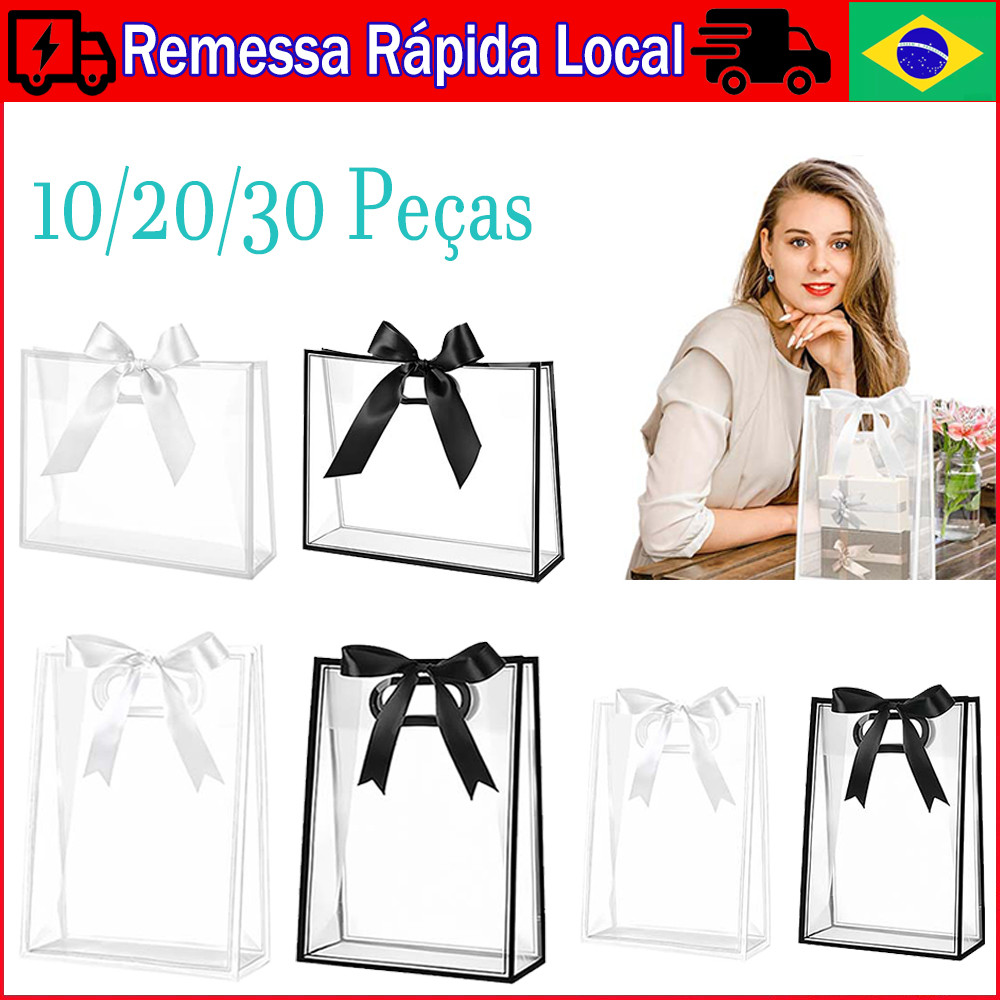 10/20/30 Pçs Sacola Plástica Transparente com Alça e laço de fita, Sacolas de presente transparentes, PVC, reutilizáveis