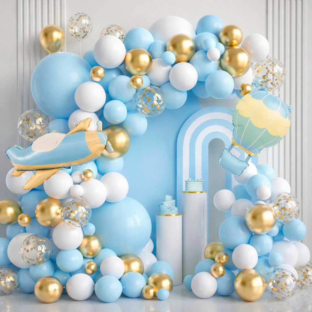 Kit 140 Balões Azul Branco e Dourado Cromado Decoração Festa Bexiga Tons Pasteis Candy Claro Arco Desconstruído + Fita