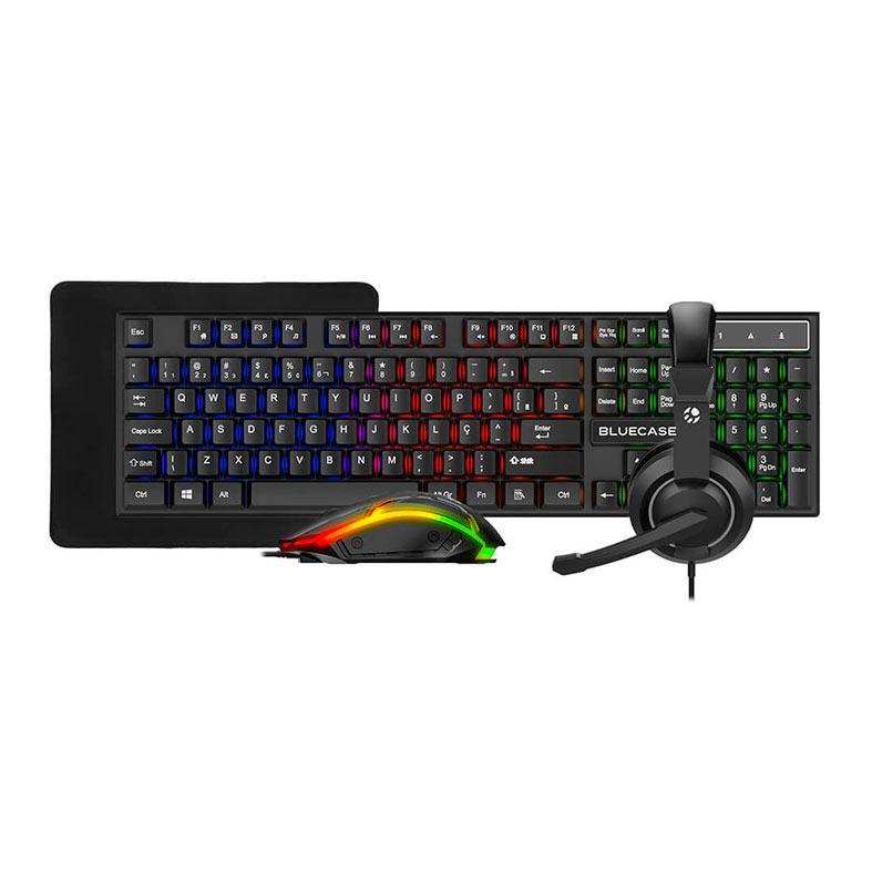 Combo Gamer 4 em 1 Bluecase Play, Rainbow, ABNT2, 2400DPI, Drivers 40mm, USB, Preto, BGHPKM-01BX