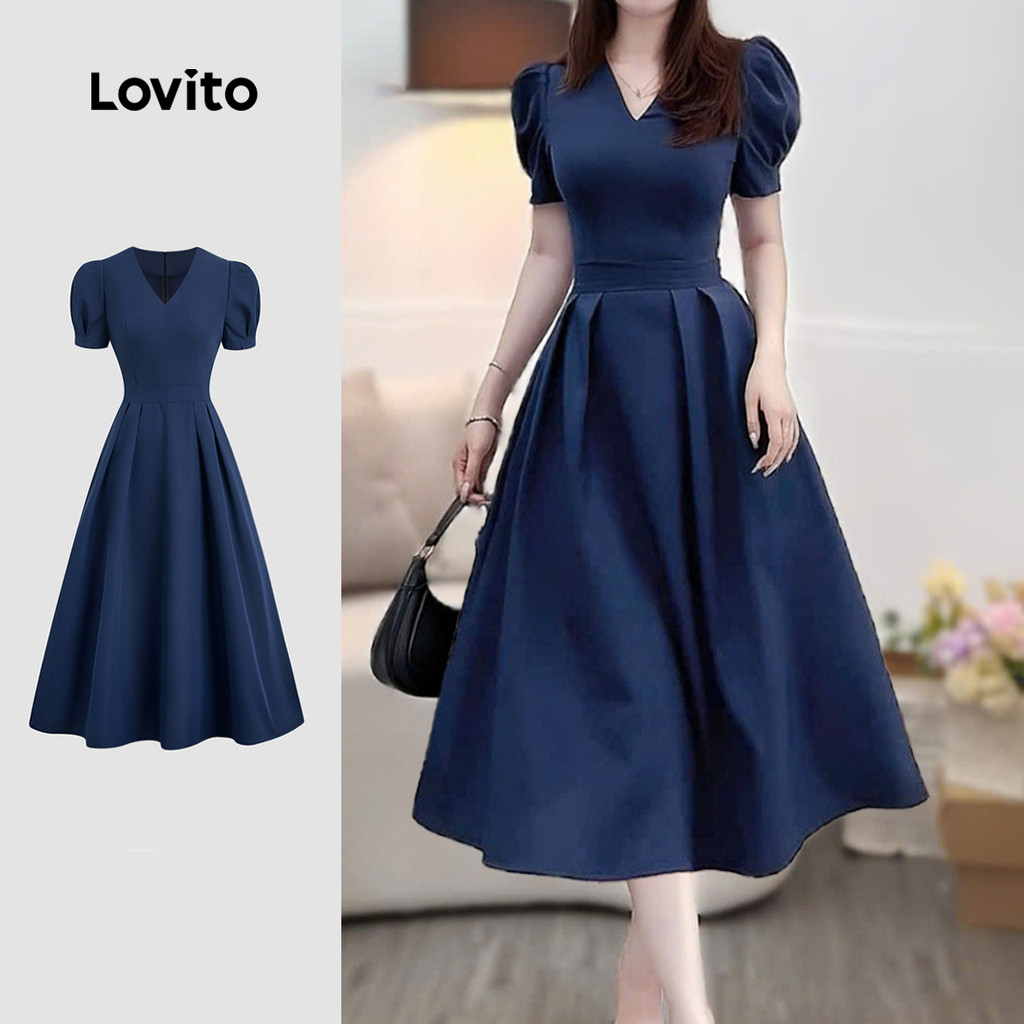 Lovito Elegante Vestido com Pregas Simples para Primavera/verão Vestido Azul-marinho para Mulheres L155ED1159