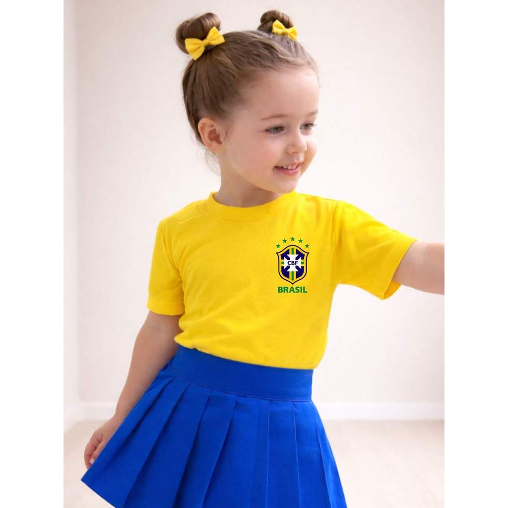 Camiseta Algodão Infantil Estampa Brasil Escudo Copa do Mundo Básica Outfit Time Pais do Futebol