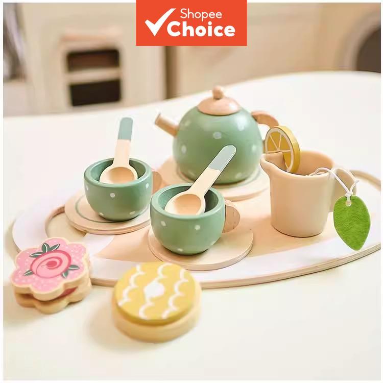 Conjunto De Chá Nórdico Brinquedo Crianças Fingir Jogar Acessórios De Cozinha , Bandeja De Servir De Madeira Com Copos E